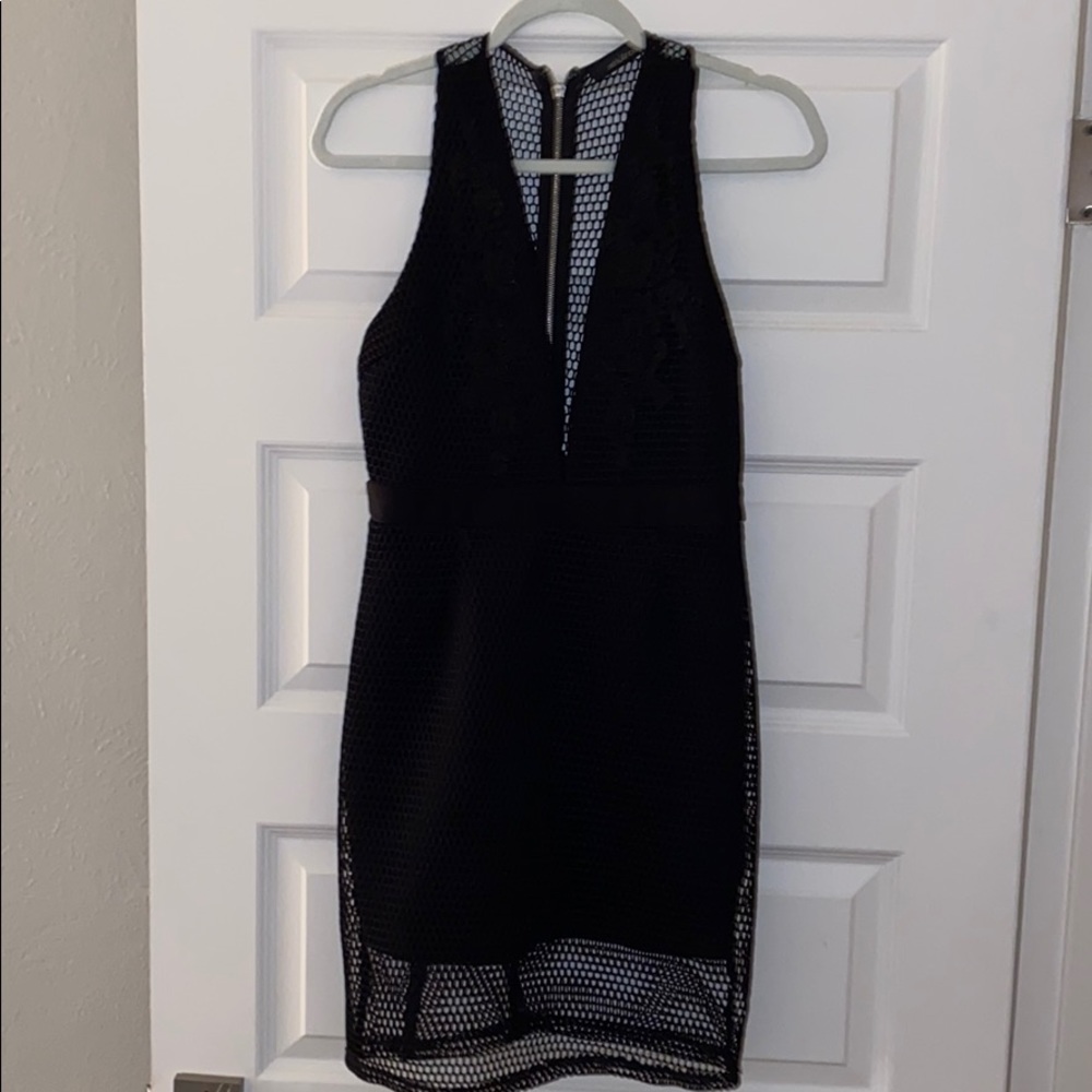 Black plunge neck mesh dress with lace details